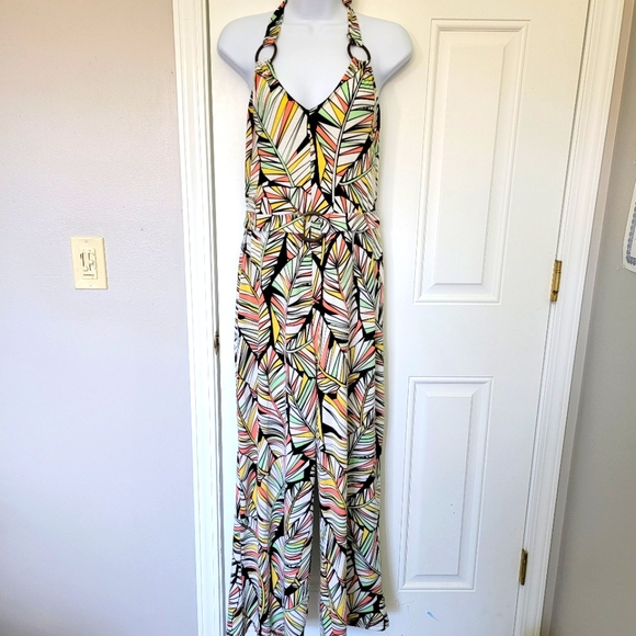Derek Heart Halter Backless Wide Leg Tropical Retro Jumpsuit Ring Detail Size L - Picture 1 of 12